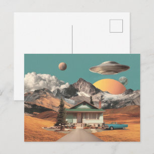 Surreal UFO Over Rustic House Postcard
