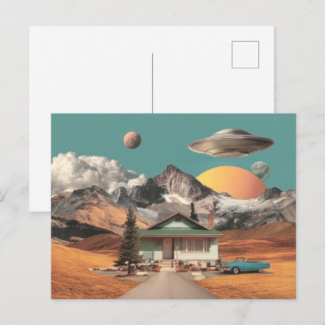 Surreal UFO Over Rustic House Postcard (Front/Back)