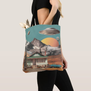Surreal UFO Over Rustic House Tote Bag
