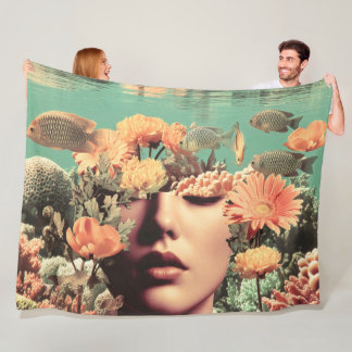 Surreal Underwater Portrait With Coral Flowers Fleece Blanket