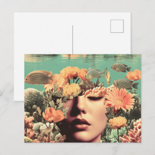 Surreal Underwater Portrait With Coral Flowers Postcard