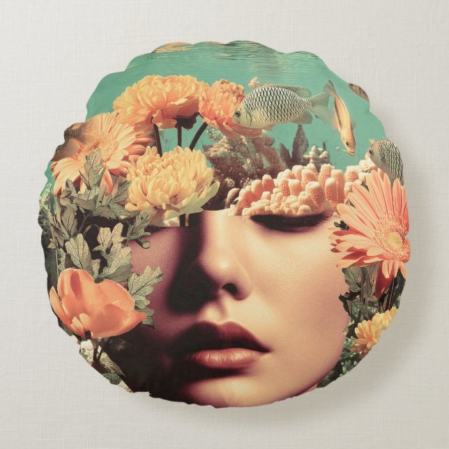 Surreal Underwater Portrait With Coral Flowers Round Cushion (Front)