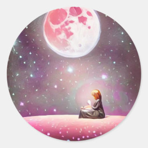 Surreal Vintage Girl & Full Pink Moon Classic Round Sticker