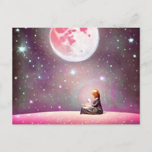 Surreal Vintage Girl & Full Pink Moon Postcard