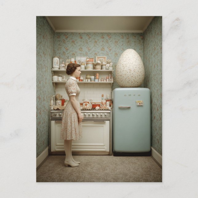 Surreal Vintage Kitchen With Giant Egg Postcard (Front)