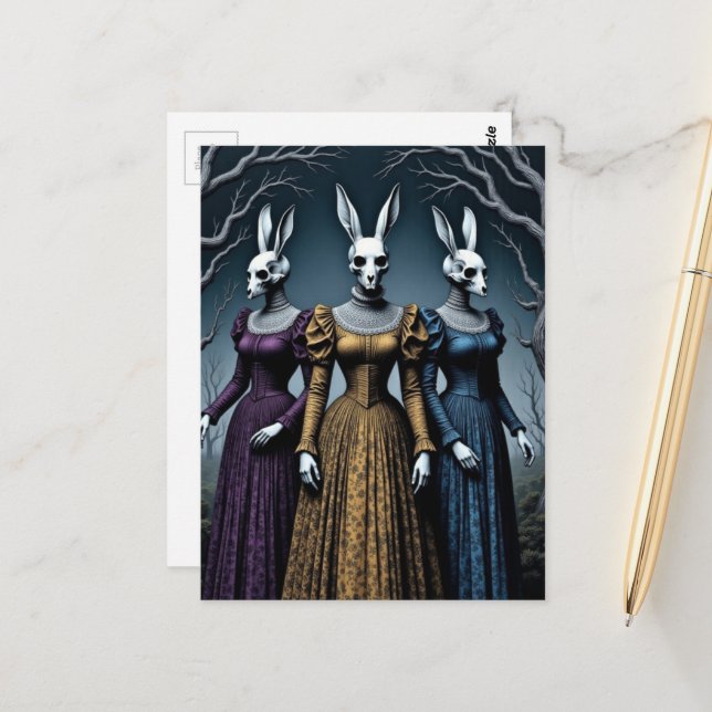 Surreal Vintage Rabbit Skull Head Ladies Postcard (Front/Back In Situ)