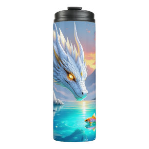 Surreal White Dragon and Gold Fish Thermal Tumbler