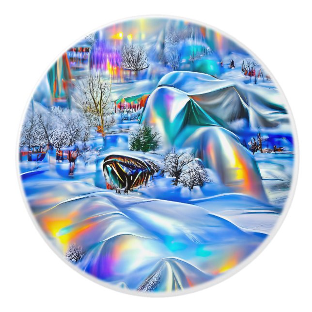 Surreal Winter Wonderland with Iridescent Lights Ceramic Knob (Front)
