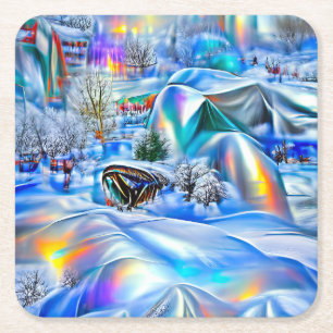 Surreal Winter Wonderland with Iridescent Lights Square Paper Coaster