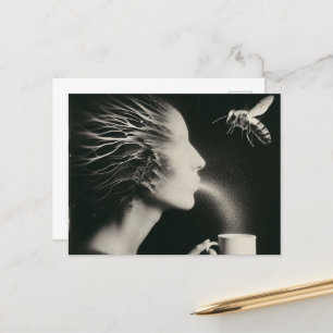 Surreal Woman and Bee Morning Coffee Black White Postcard