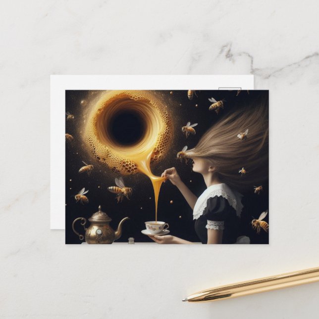 Surreal Woman and Bees Morning Tea and Honey Postcard (Front/Back In Situ)