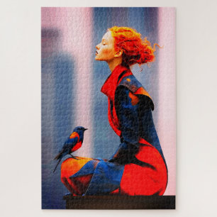 Surreal Woman and Bird Elegant Red Hair Fantasy Jigsaw Puzzle