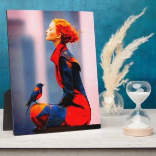 Surreal Woman and Bird Elegant Red Hair Fantasy Plaque