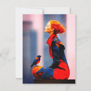 Surreal Woman and Bird Elegant Red Hair Fantasy Postcard