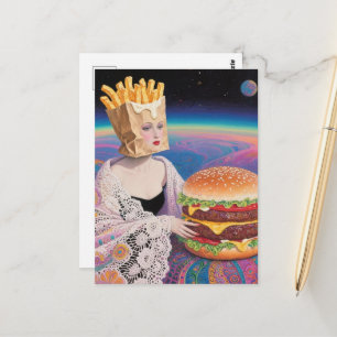 Surreal Woman French Fries Hat and Cheeseburger Postcard