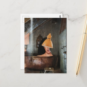 Surreal woman in rustic copper bathtub collage postcard