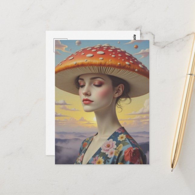 Surreal Woman With a Mushroom Hat Postcard (Front/Back In Situ)