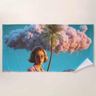 Surreal Woman with Palm Tree Beach Towel