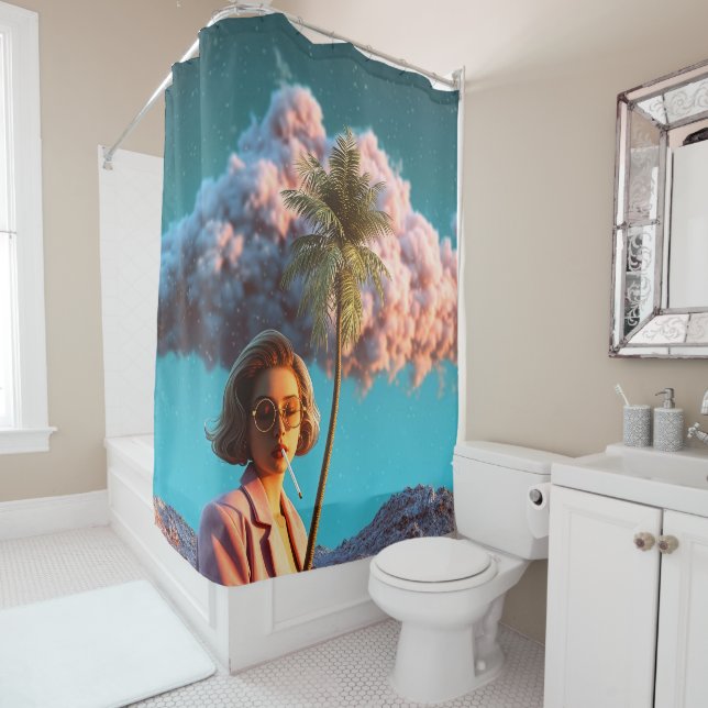 Surreal Woman with Palm Tree Shower Curtain (In Situ)