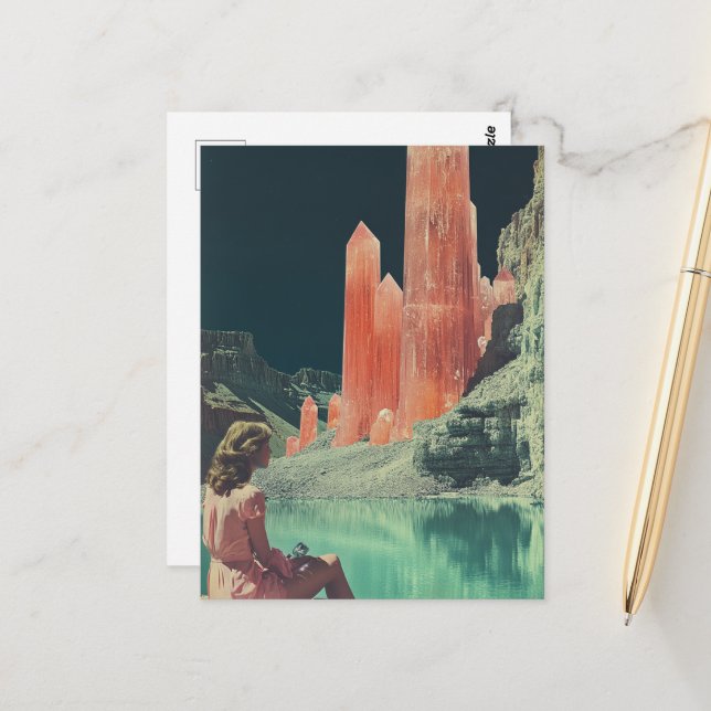 Surreal Woman With Pink Crystal Mountains Postcard (Front/Back In Situ)