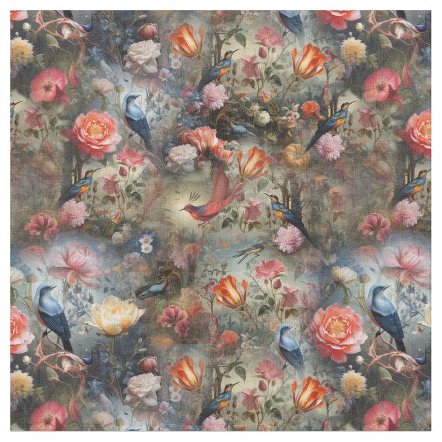 Surrealist Art with Flowers & Birds Fabric (Close Up)