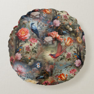 Surrealist Art with Flowers & Birds Round Cushion