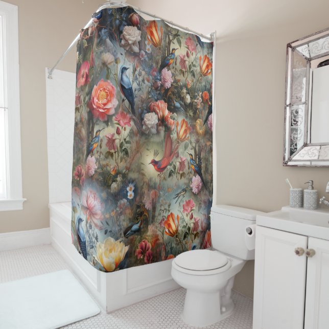 Surrealist Art with Flowers & Birds Shower Curtain (In Situ)