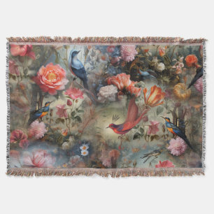 Surrealist Art with Flowers & Birds Throw Blanket