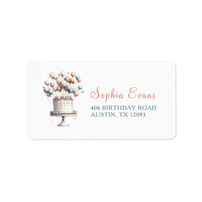 Surrealist, Cute Balloons & Birthday Cake Address Label (Front)