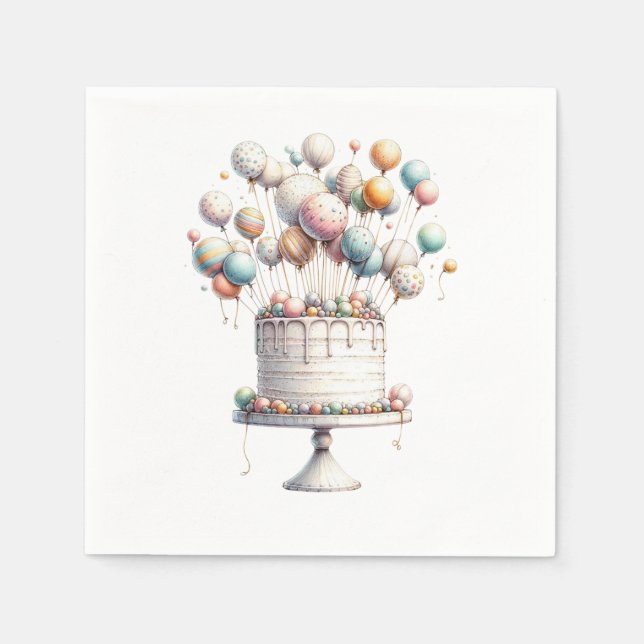 Surrealist, Cute Balloons & Birthday Cake Address Napkin (Front)