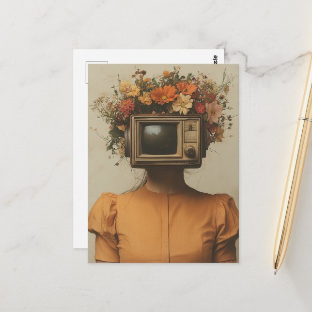Surrealist Woman with TV head and flowers  Postcard (Front/Back In Situ)