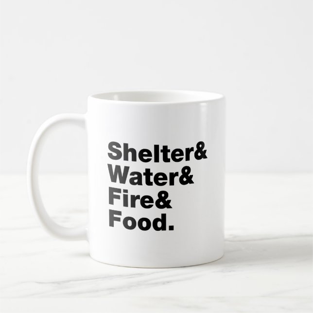Survival (Shelter & Water & Fire & Food.) Coffee Mug (Left)
