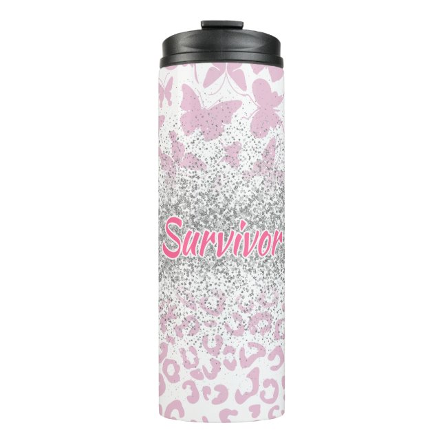 Survivor Breast Cancer Animal Print Butterfly Thermal Tumbler (Front)