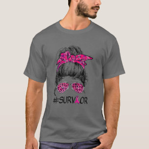 Survivor Breast Cancer Awareness Messy Bun Pink Ri T-Shirt