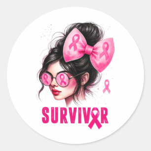 Survivor Breast Cancer Awareness Pink Messy Bun Gi Classic Round Sticker