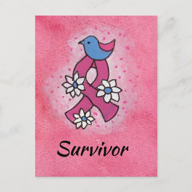 Survivor Breast Cancer Pink Ribbon Bird Flowers Postcard (Front)