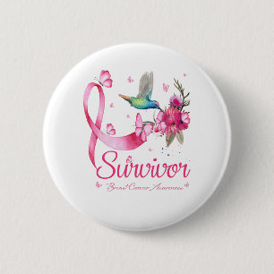 Survivor Hummingbird Ribbon Breast Cancer 6 Cm Round Badge