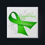 Survivor - Lymphoma 15 Cm Square Badge<br><div class="desc">Shop unique Lymphoma Survivor shirts, apparel, merchandise and gifts featuring a stunning floral scroll background and a beautiful angled Lime Green ribbon to signify awareness for Lymphoma brought to you by cancer survivors who have experienced first hand the plight of a cancer patient. Wear your survivorship proudly while bringing attention...</div>