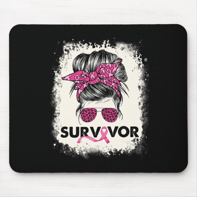 Survivor Messy Bun Breast Cancer Awareness Pink Wa Mouse Pad (Front)