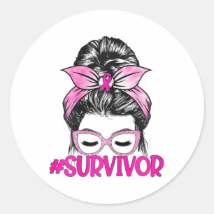 Survivor Messy Bun Pink Ribbon Breast Cancer Aware Classic Round Sticker