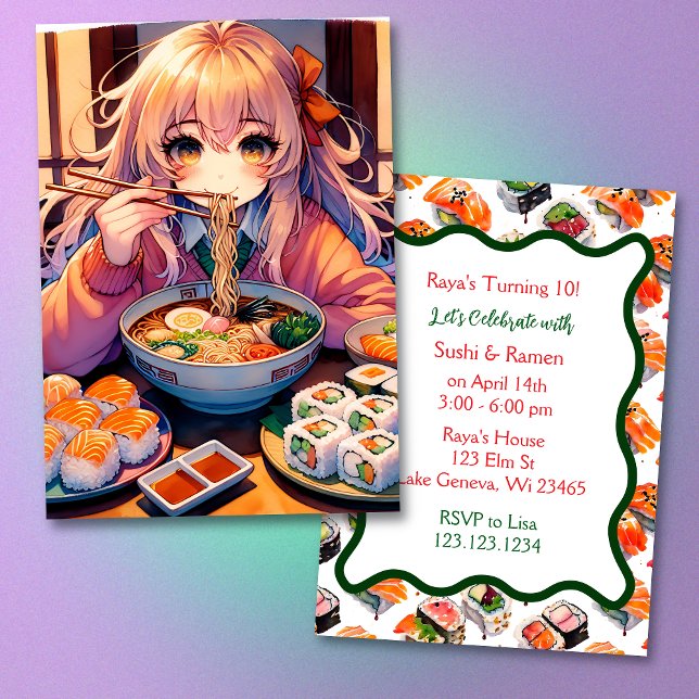 Sushi and Ramen Girl's Anime Birthday Party Invitation (Creator Uploaded)
