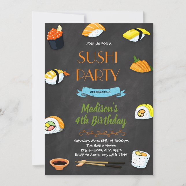 Sushi birthday party invitation (Front)