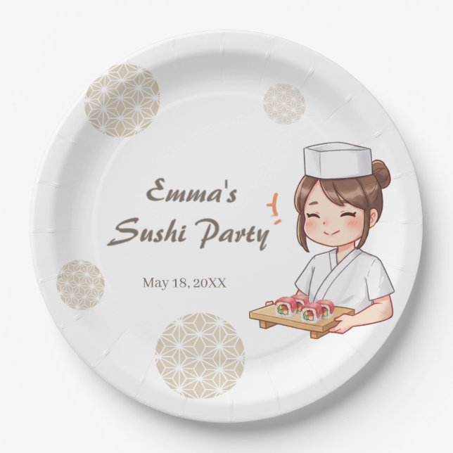 Sushi Birthday Party Invitation with Cute Anime  Paper Plate (Front)