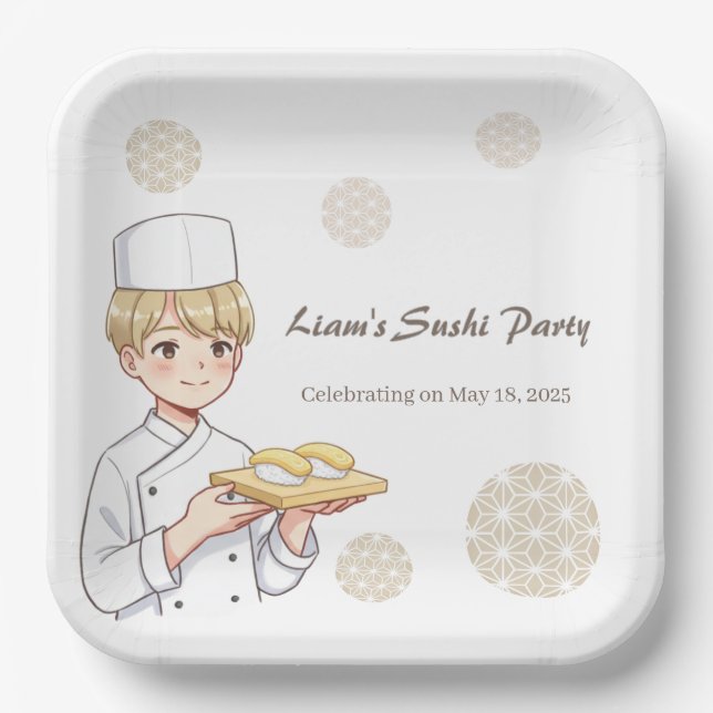 Sushi Birthday Party Invitation with Cute Anime  Paper Plate (Front)