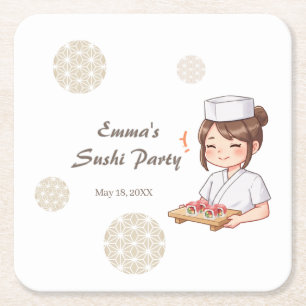 Sushi Birthday Party Invitation with Cute Anime Square Paper Coaster