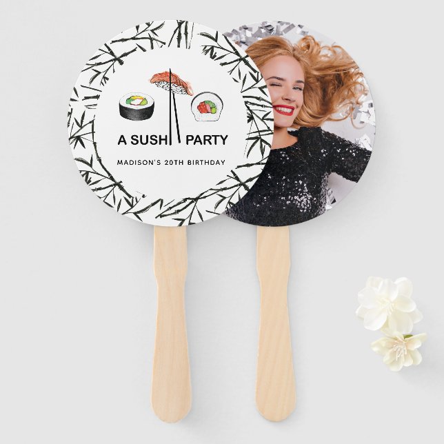 Sushi Birthday Party Modern Personalised Photo Hand Fan (Front and Back)