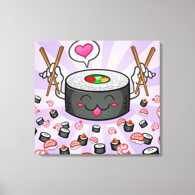Sushi Cartoon Character Eating Lots of Shrimp Canvas Print (Front)