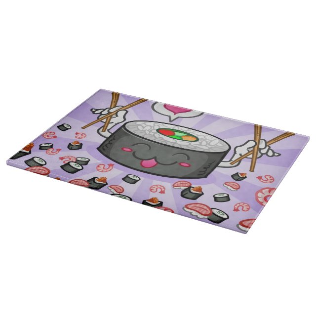 Sushi Cartoon Character Eating Lots of Shrimp Cutting Board (Corner)