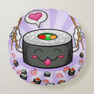 Sushi Cartoon Character Eating Lots of Shrimp Round Cushion