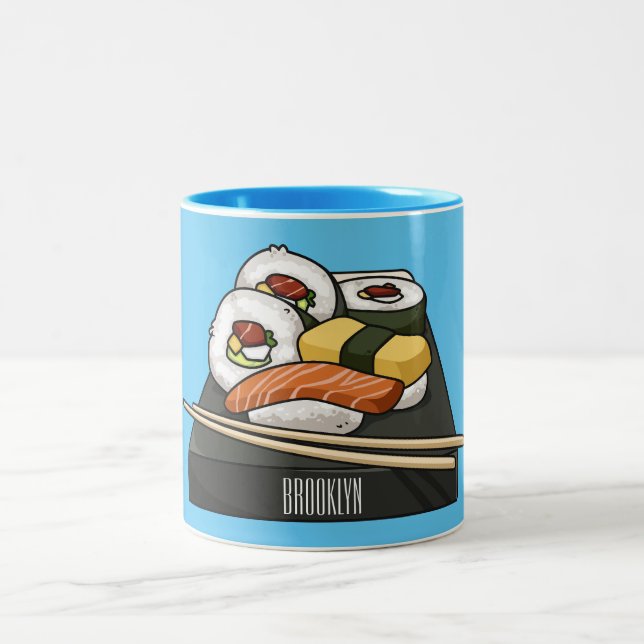 Sushi cartoon illustration  Two-Tone coffee mug (Center)